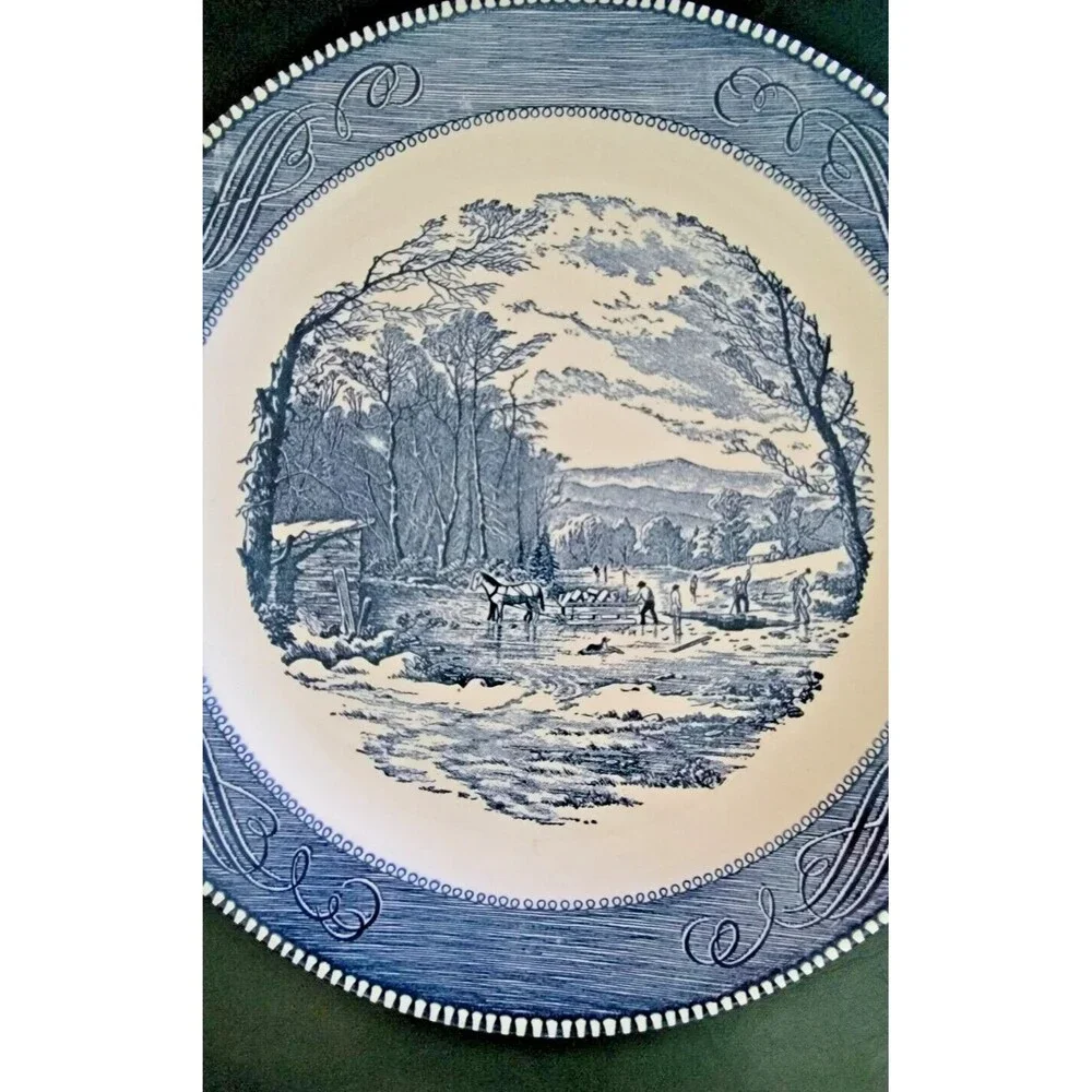 Vintage Royal Currier & Ives Blue Chop Plate Round Plate Platter Getting Ice 12